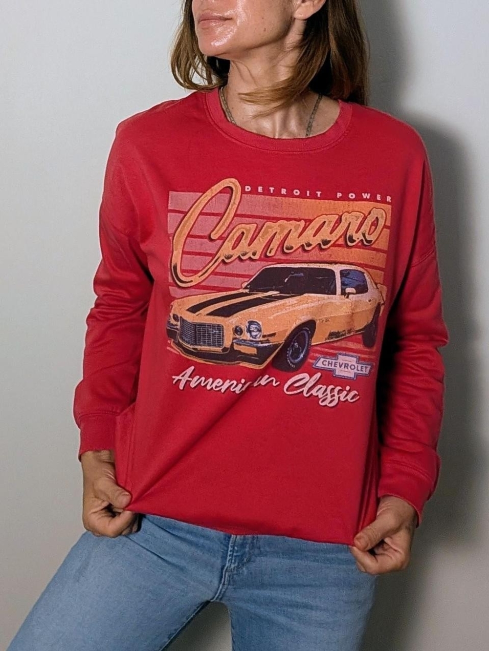 Vintage-inspired red Camaro sweatshirt